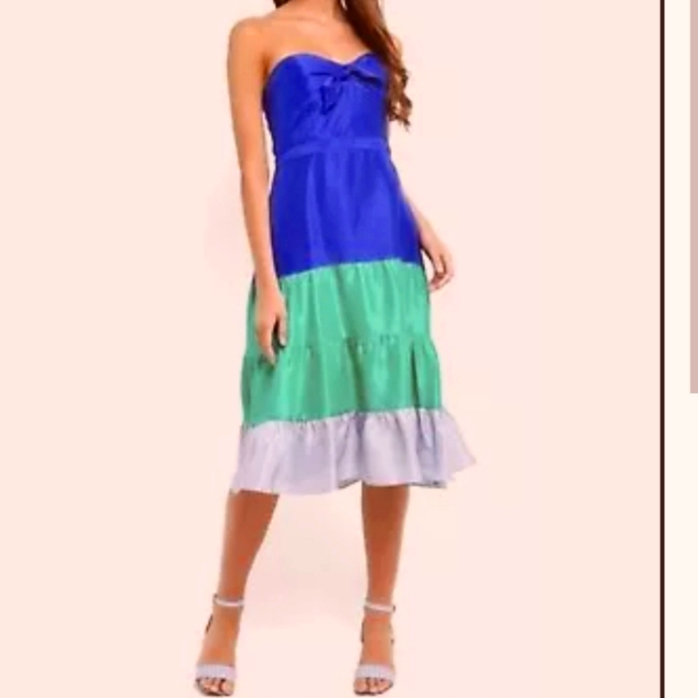 J. Crew Women's Strapless Colorblock Silk Dress in Blue and Green 100% Silk